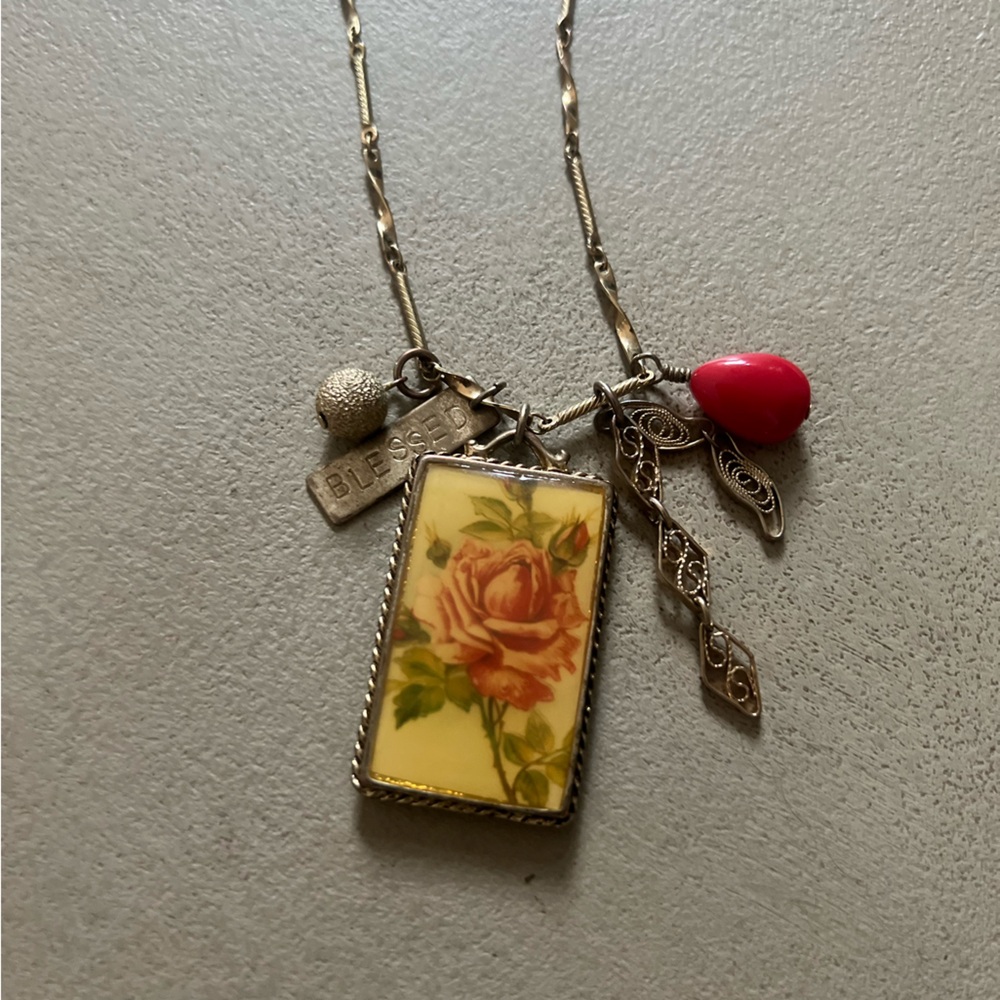 Floral Rose Pendant Necklace with Accent Charms